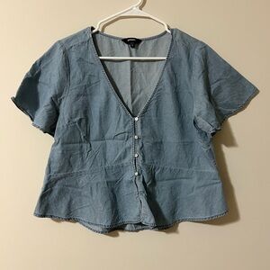Casual Denim Blue V-Neck Top